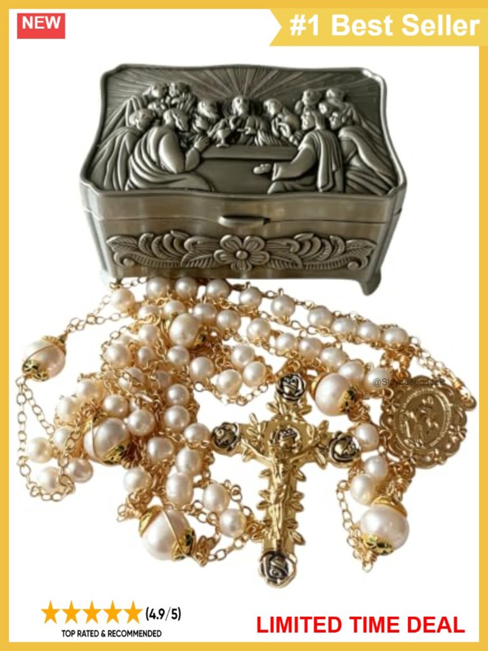 Handmade 18K Gold-Plated Pearl Rosary Necklace Crucifix
